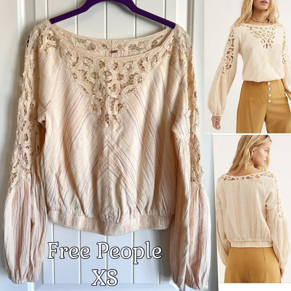 Free People Cream Lace & Striped Detail Peasant Top, XS